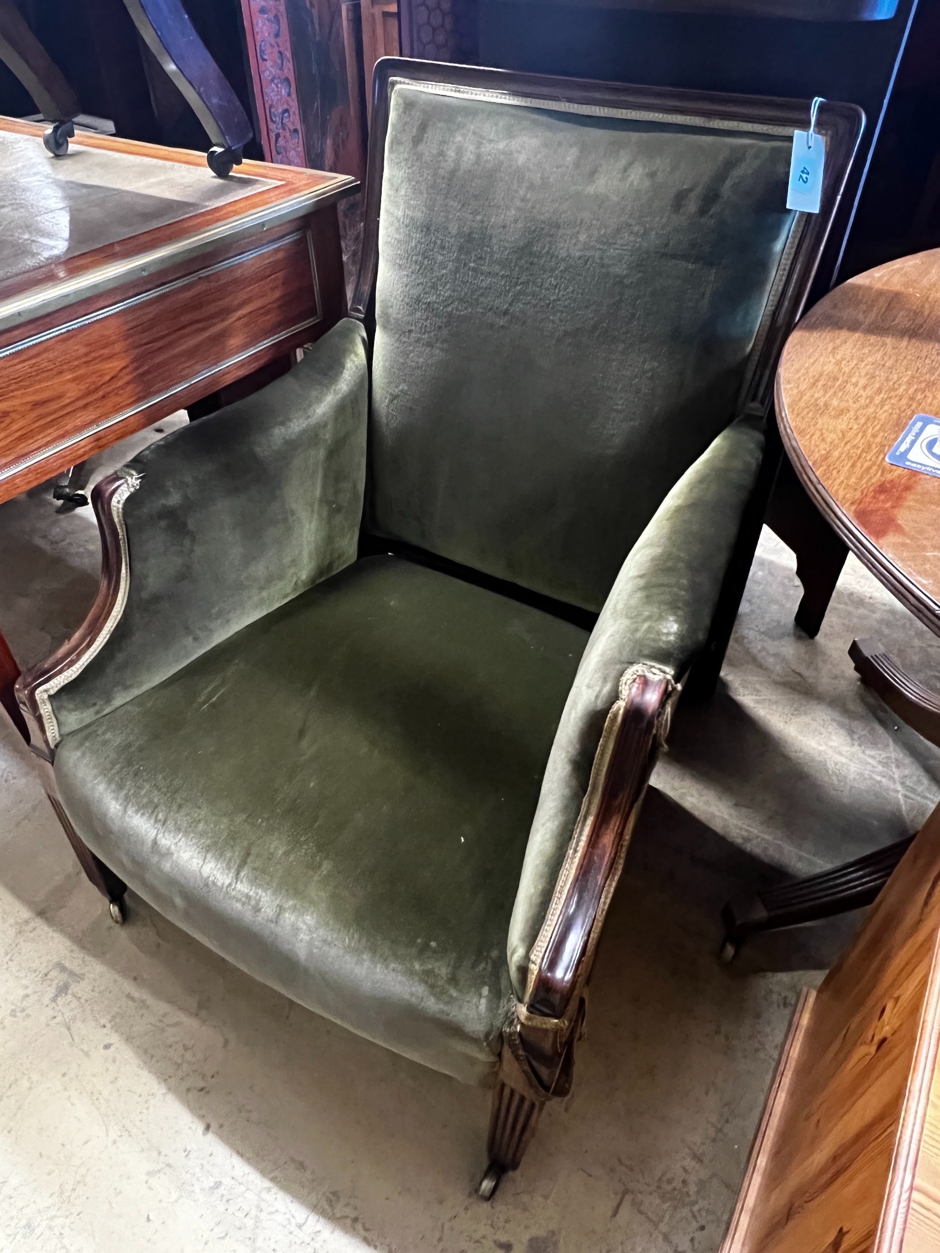 A George III mahogany upholstered armchair, width 65cm, depth 76cm, height 94cm